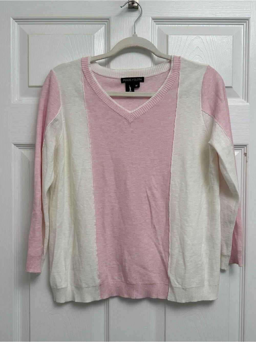 Peace of Cloth Pink and Cream V-Neck Colorblock Sweater